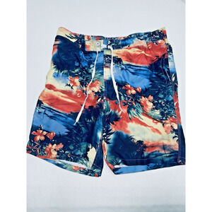 Merona Mens L Blue Orange Beach Aloha Floral Board Shorts Swim Trunks Drawstring